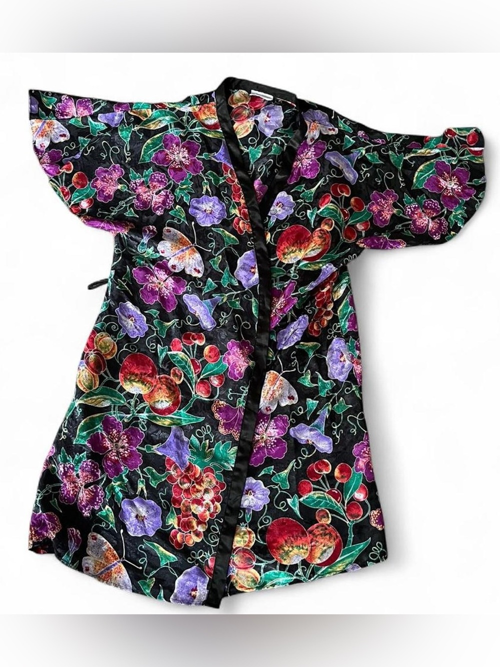 VINTAGE • 80s USA MADE KIMONO BUTTERFLY FRUIT GARDEN FLUTTER SLEEVE SATIN ROBE